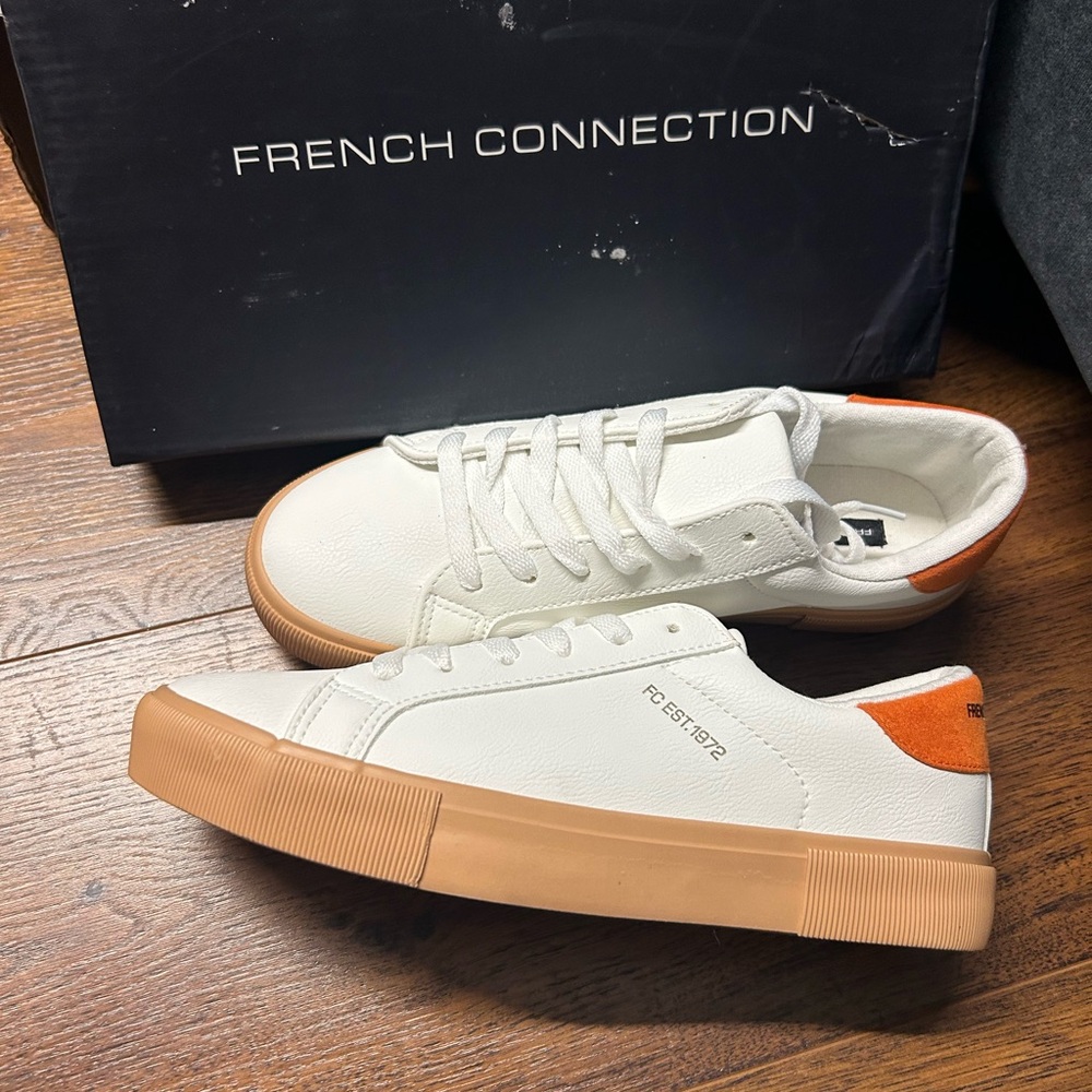 French Connection Men’s White Leather Sneakers with Tan Sole and Orange Heel